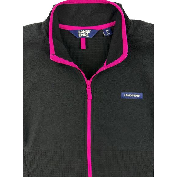 Lands' End Jacket Grid Fleece Full Zip Up Womens XL Black Pink Trim - Picture 4 of 11
